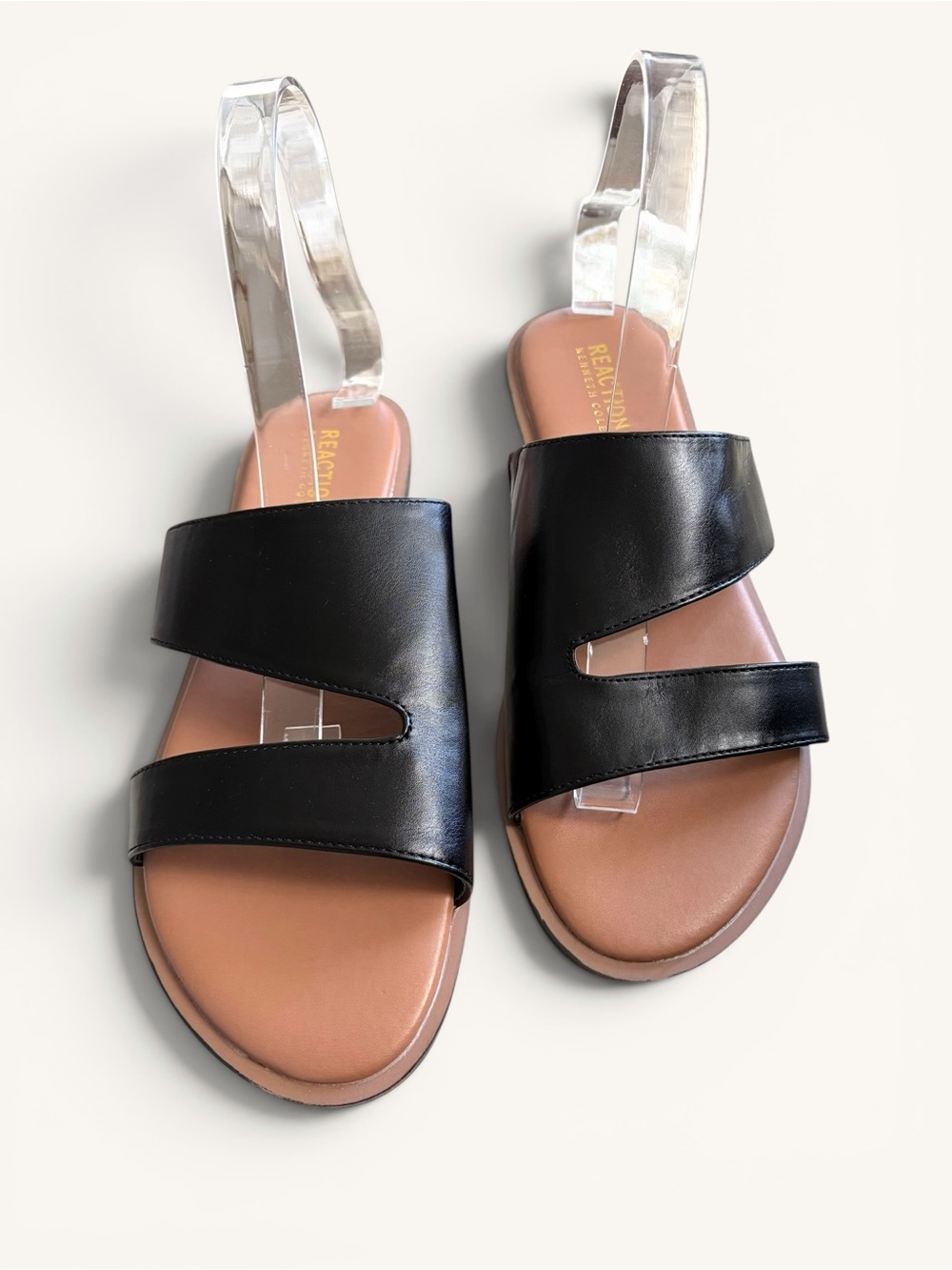 Reaction Kenneth Cole Black Slide Sandals with Tan Footbed